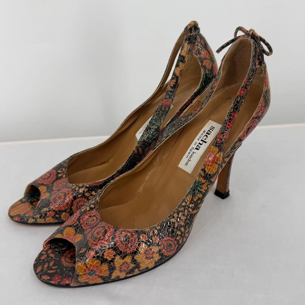 Sacha London Floral Leather Peep Toe Heels Size 7 Made in Spain